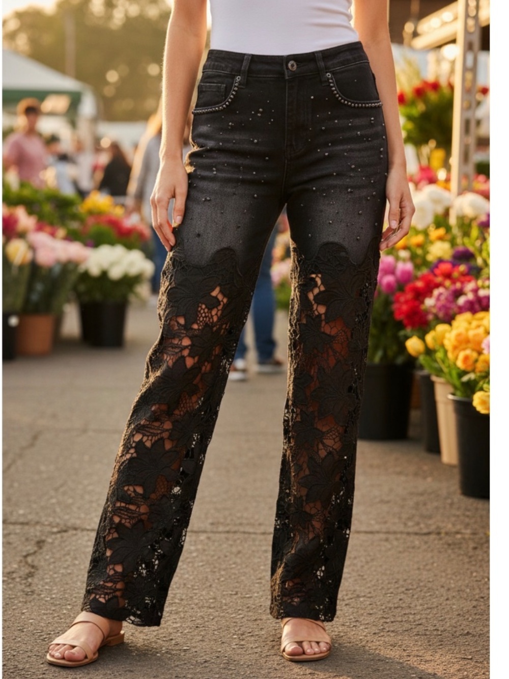Washed Black Faux Pearl Floral Lace Wide leg Denim Jeans